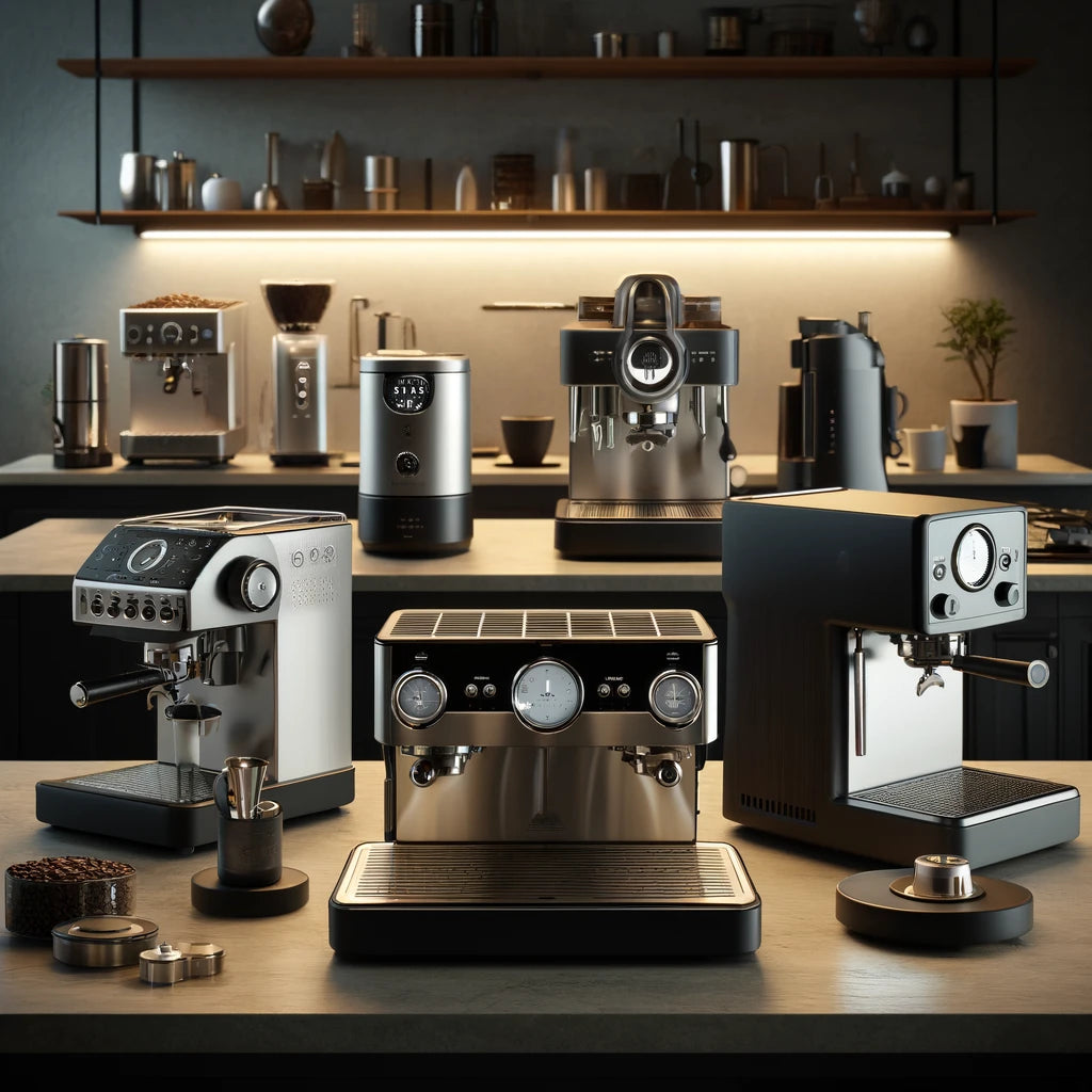 Moderne Sammlung von Espressomaschinen auf einer minimalistischen Küchenarbeitsplatte, inklusive Zubehör wie Kaffeemühlen und Milchaufschäumern