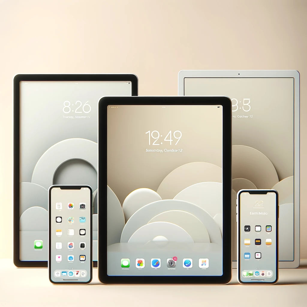 Verschiedene Tablets und iPads mit minimalistischen Designs und hochwertigen Displays auf neutralem Hintergrund
