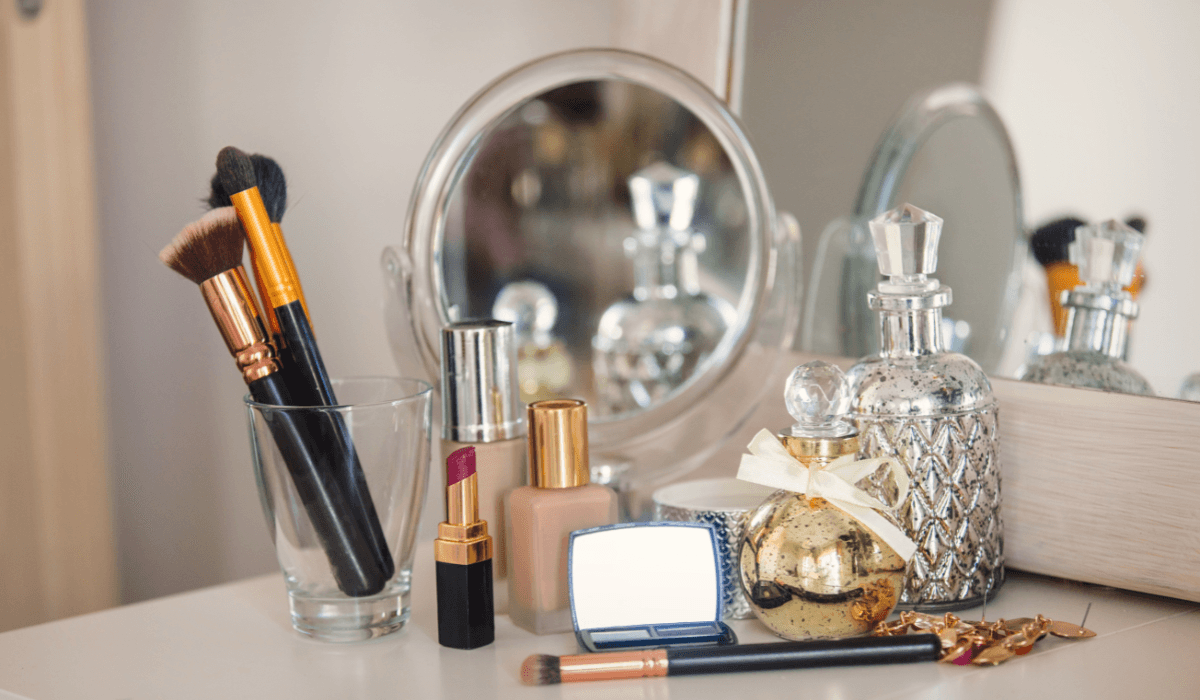 Flawless makeup application with foundation, lipstick, and cruelty-free beauty products for radiant skin.