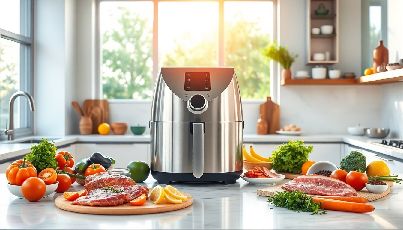 High-quality air fryer in a modern kitchen setting, ready to prepare healthy meals.