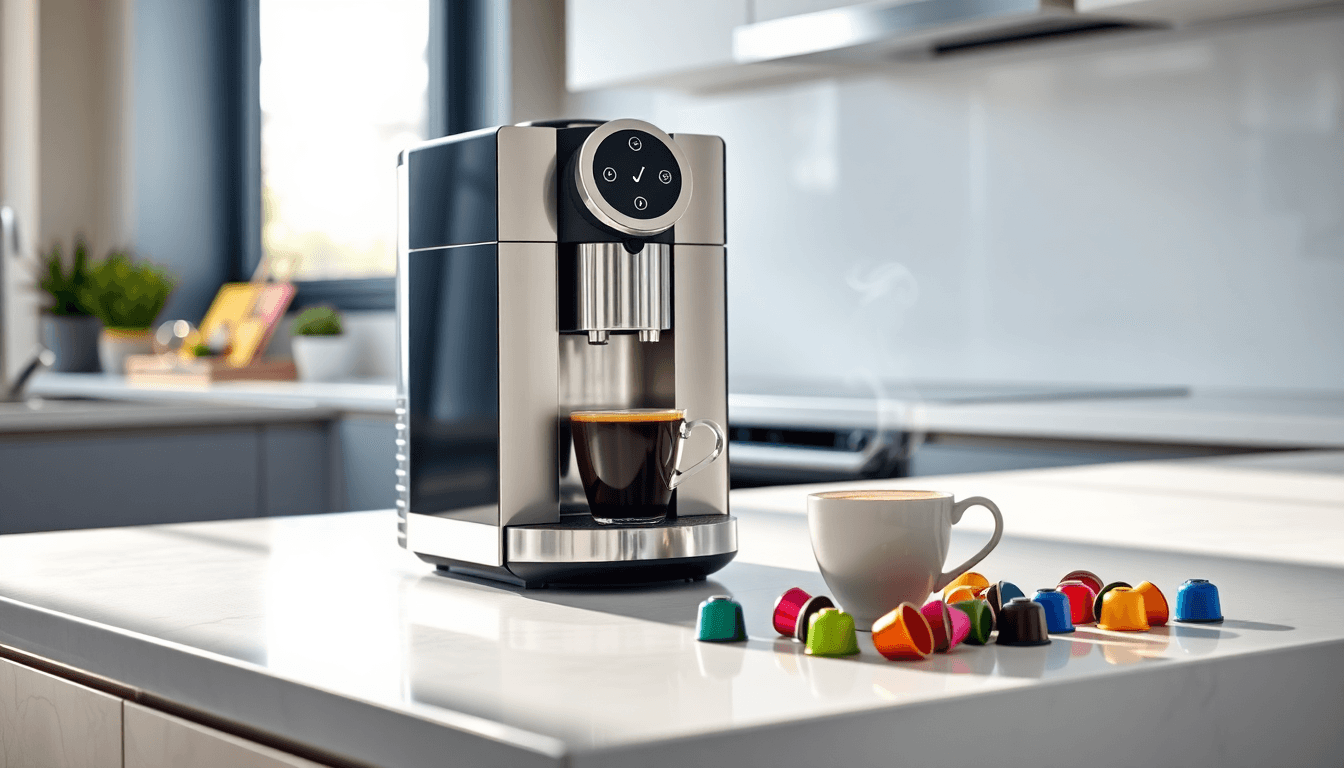 Modern capsule coffee machine on a kitchen counter brewing a fresh cup of coffee.