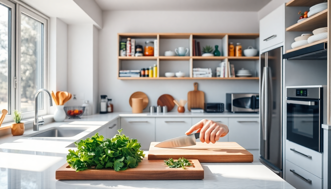 Essential kitchen tools displayed on a wooden countertop, featuring a chef’s knife, cutting board, measuring cups, mixing bowls, and a whisk, illustrating the must-haves for culinary success in every kitchen.