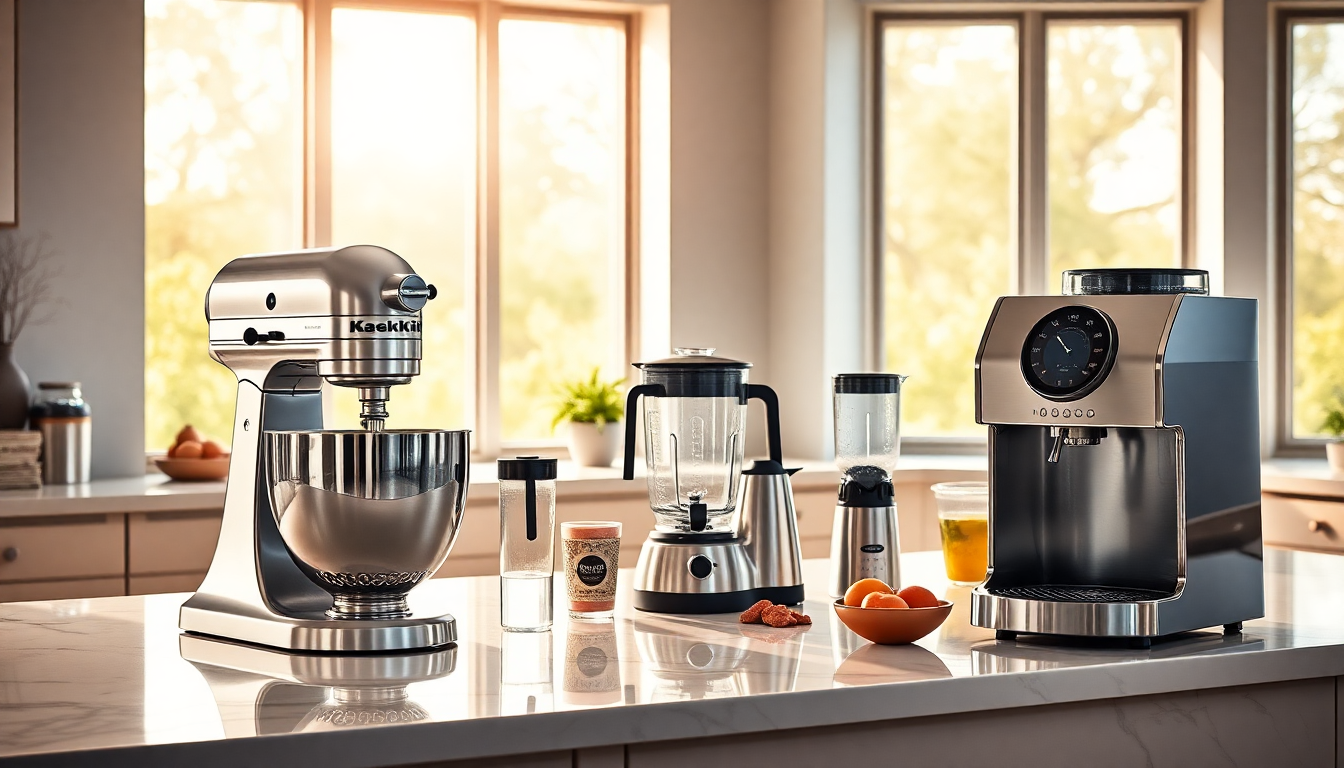 Variety of essential kitchen appliances including a blender, air fryer, food processor, slow cooker, and microwave oven arranged on a kitchen countertop, showcasing must-have tools for home cooking.