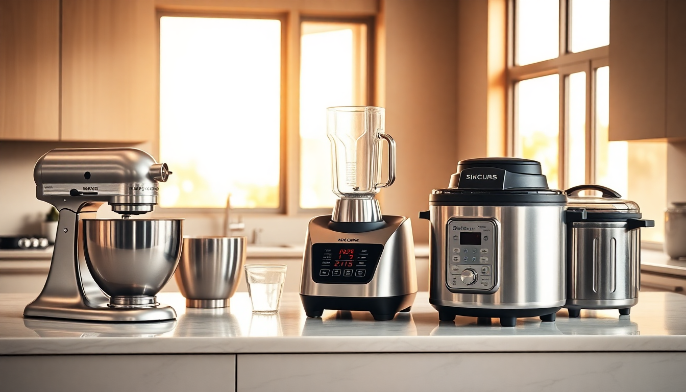 Top kitchen appliances including a slow cooker, Instant Pot, rice cooker, electric griddle, and coffee maker set up in a modern kitchen, demonstrating tools that simplify cooking and enhance efficiency.