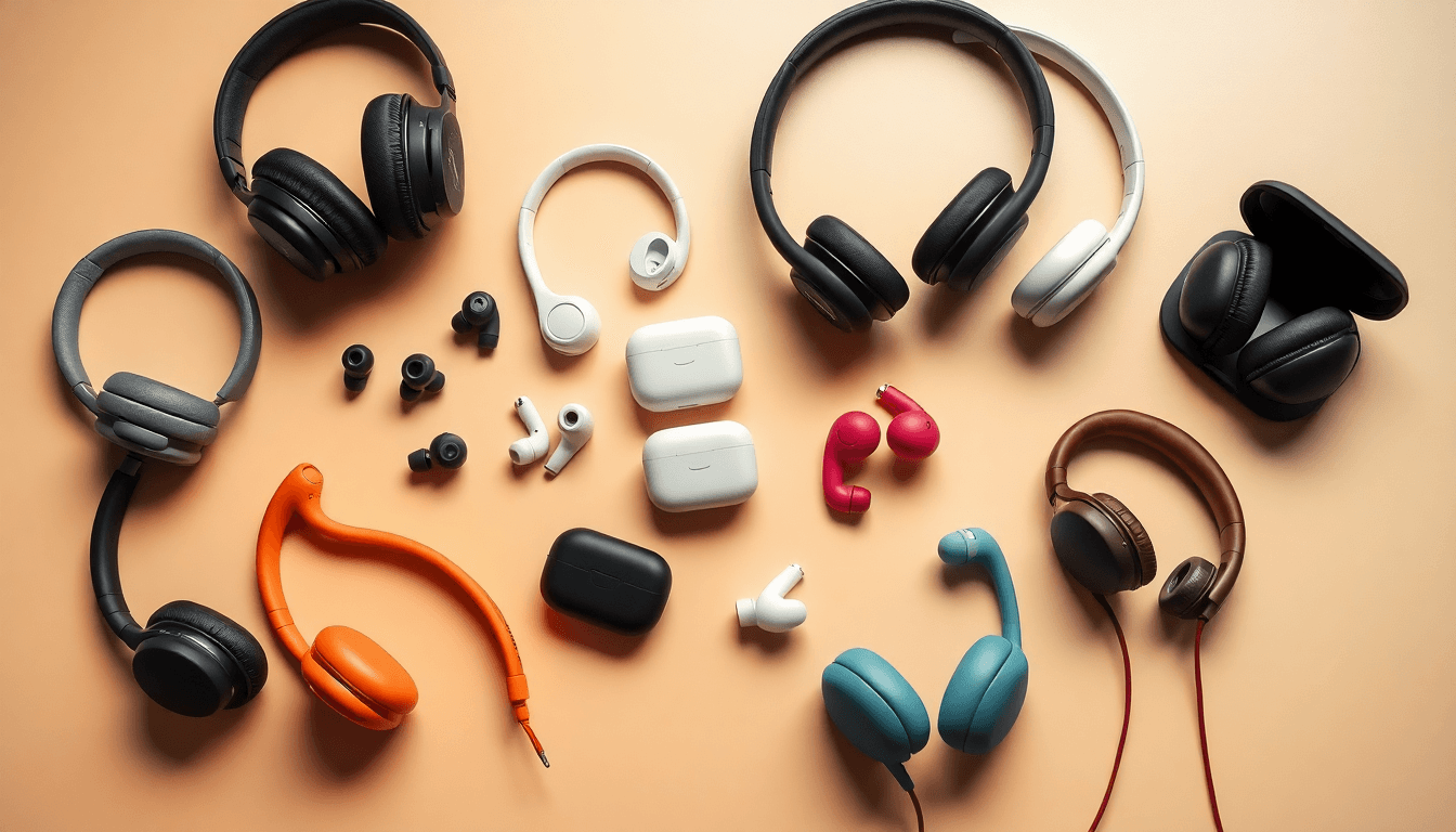 A variety of headphones including over-ear, in-ear, and wireless models, showcasing the diversity of headphone types.