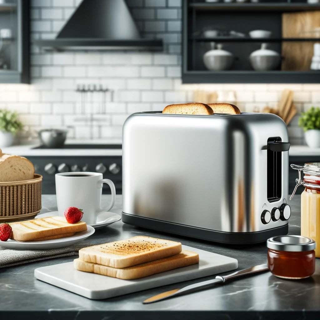 modern kitchen countertop featuring premium breakfast appliances and a sleek stainless steel toaster.