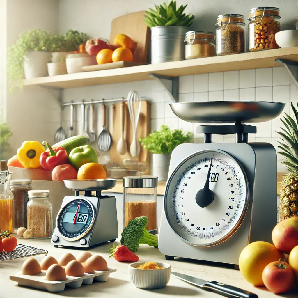 A visually appealing kitchen scales collection featuring a variety of digital and mechanical scales designed for precise cooking and baking, displayed alongside fresh ingredients like fruits, vegetables, and baking supplies.