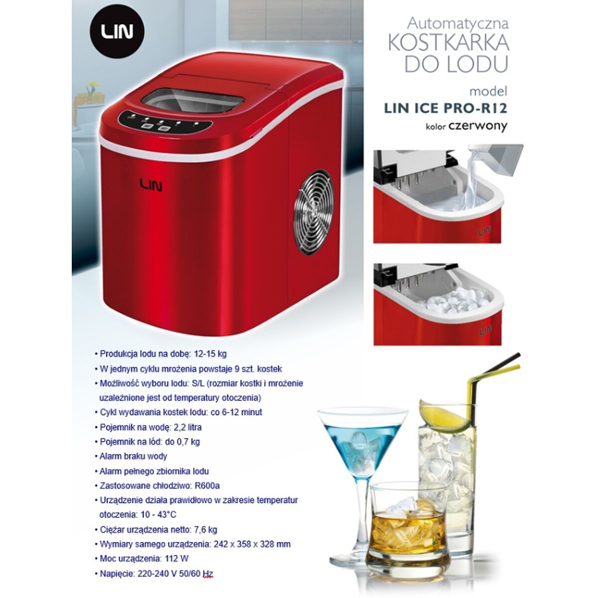 Eiswürfelmaschine Lin ICE PRO-R12 Rot 112 W 2,2 L - CA International 