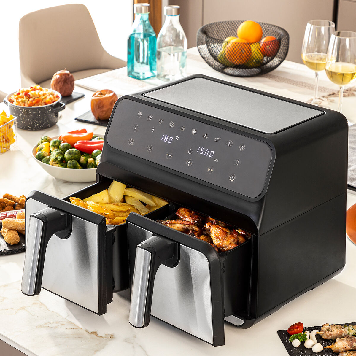 Air Fryer InnovaGoods Fryinn Double 8000 Black 3400 W 8 L Stainless steel-CA International