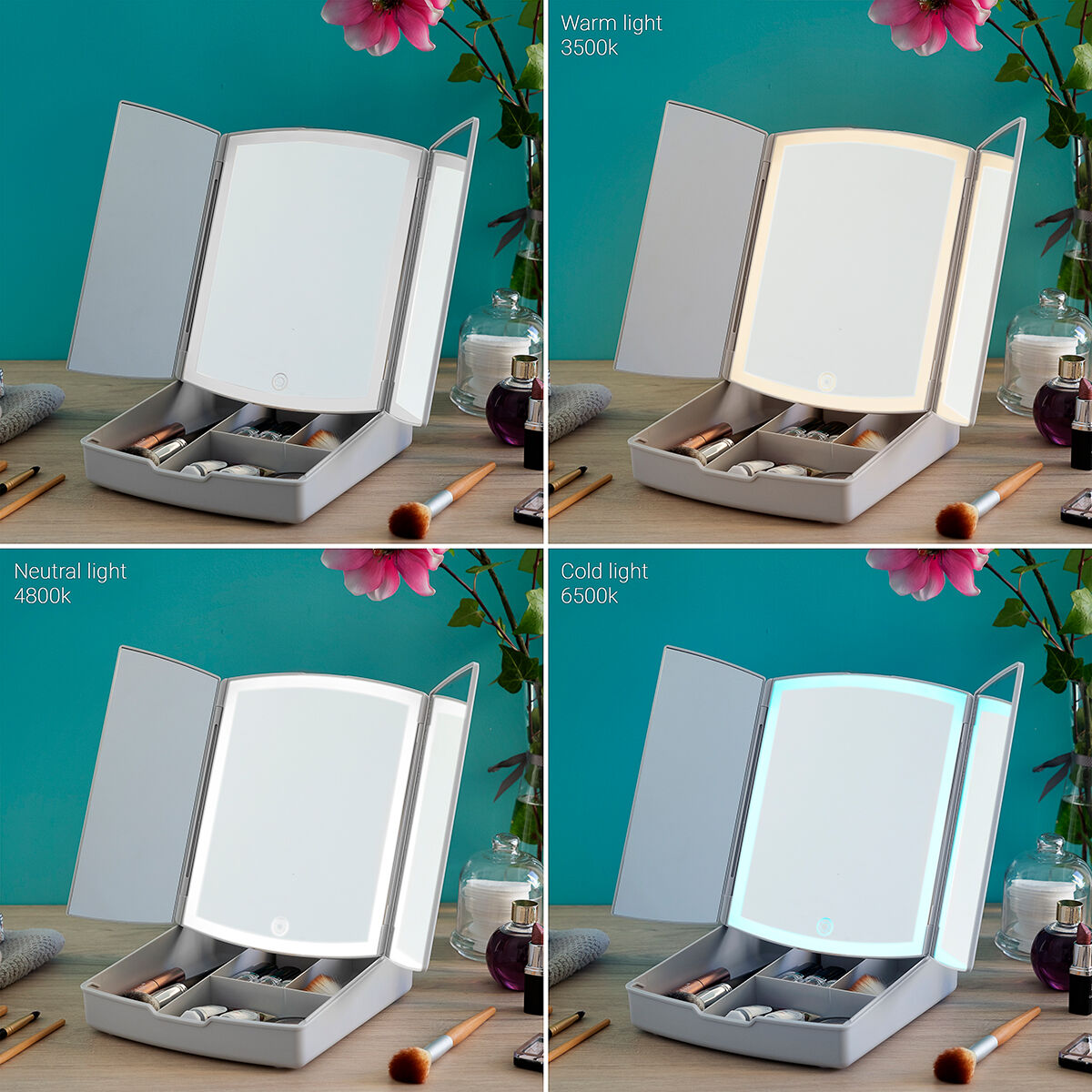 3-In-1 Folding LED Mirror with Make-up Organiser Panomir InnovaGoods-CA International